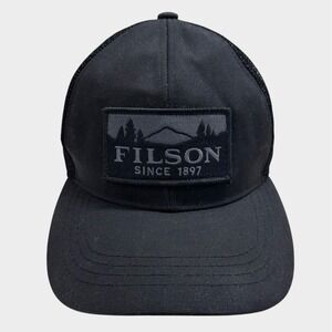 Filson Mens Black Mesh Logger Trucker Hat Buckle Strapback Patch Cap OSFM